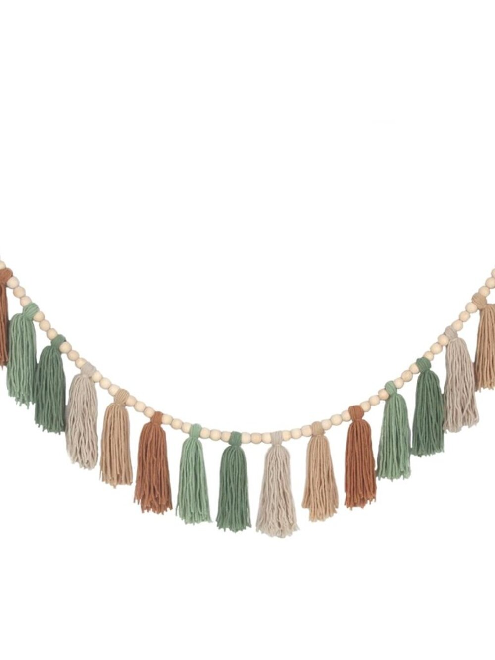 Sage Green Brown Boho Yarn Wood Bead Tassel Garland Wall Hanging Decor Neutral E